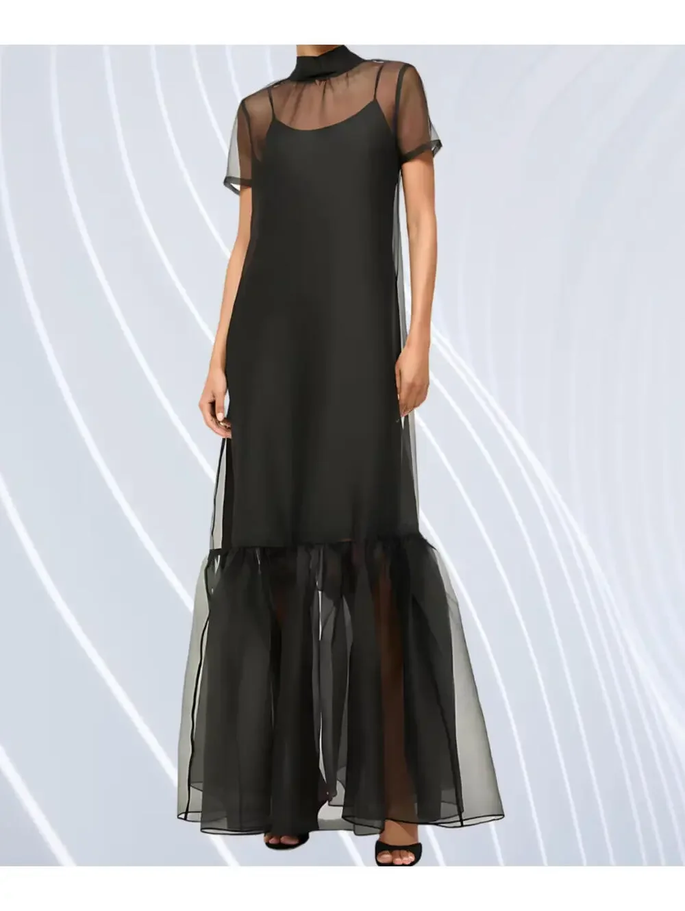 NWT STAUD Calluna Organza Neck Tie Gown Dress Designer Sheer Black Small - Picture 3 of 9